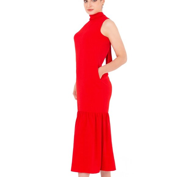 ALANTINO TIE NECK MAXI DRESS WITH SIDE POCKET-RED - Picture 9 of 10